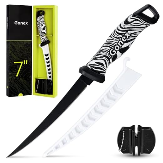 Gonex Coltello per Sfilettare Coltelli da Disosso Coltello da Pesce Professionale, Lama in Acciaio Inox Affilata e Impugnature Antiscivolo, con Fodero Ventilato e Affilatore, 17 cm