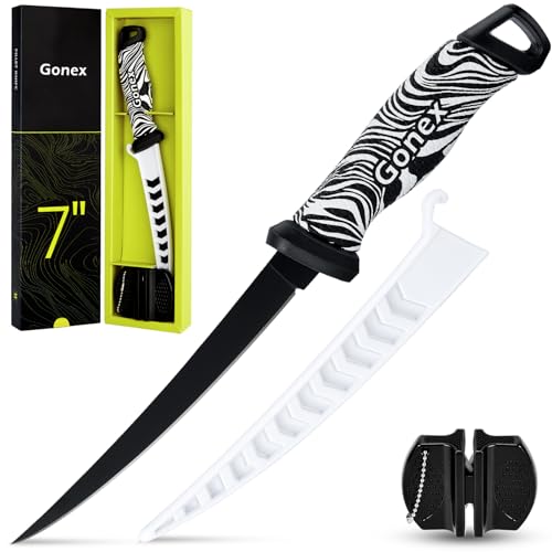 Gonex Fish Fillet Knife Fishing Boning Knives, Fishing Gear Tool Set for Meat Cutting, G4116 German Stainless Steel Blade, Non-Slip Handle, Protective Sheath & 2-Stage Sharpener, 7in