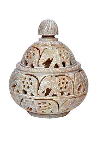Kaushal Creation Hand Crafted Soapstone Elephant Design Tea Light Holder with Floral Carving (4 Inch)
