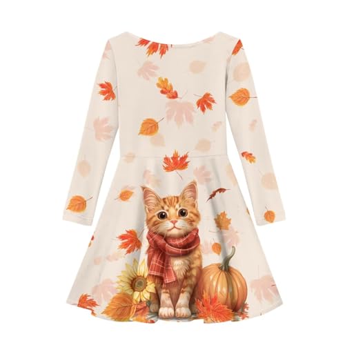 Kids Swing Skater Thanksgiving Dresses Cute Cat Print Casual Long Sleeve Twirly A-Line Dress for Girls 9-10 Maple Leaves Graphic Thanksgiving Fall Outfits School Home Daily Novelty2