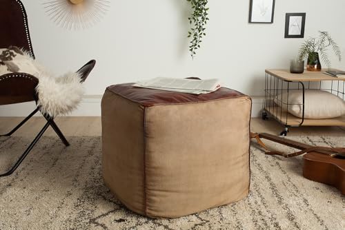 invicta INTERIOR Retro Sitzpouf Mustang 53cm Lederbezug mit Leinen Sitzwürfel Pouf Sitzhocker
