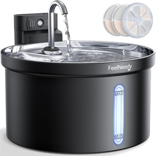 Fuente para Gatos sin Cable con Sensor de Movimiento 3,5L FEELNEEDY Fuente de Agua, Bebedero Gatos Inalámbrico a Pilas 4000mAh Recargable, SeparacióN de Agua y Electricidad-Bandeja de Acero, Negra