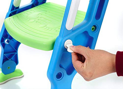 A hand using a white plastic screwdriver to tighten a white plastic screw on the step stool ladder component of the potty training seat.