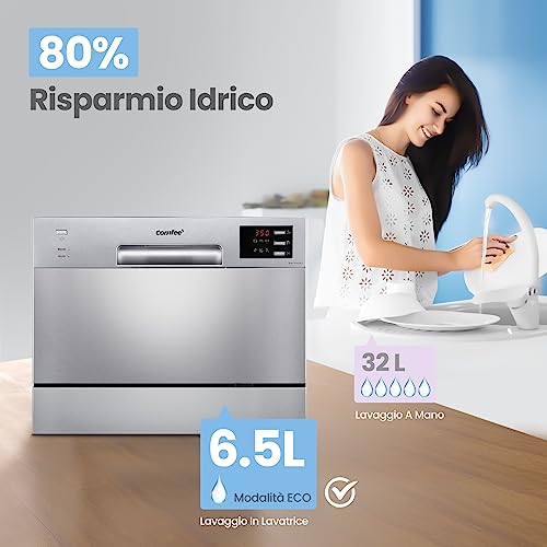 Miniatura 6 de Comfee Lavastoviglie Compatta Da Tavolo Td602e-S Mini Lavastoviglie Con 6 Coperti, 6 Programmi, Display A Led, Avvio Ritardato E Funzione Di Lavaggio Nelle Ore Non Di Punta - Argento
