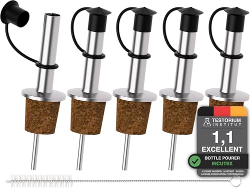 Incutex 5x Bottle Pourers and 1x Cleaning Brush, Cork Spout with Rubber Cap Closure, Freeflow Drizzler Oil Stopper, Bottle Spout, Spirits Wine Liqueur Vinegar Pourer