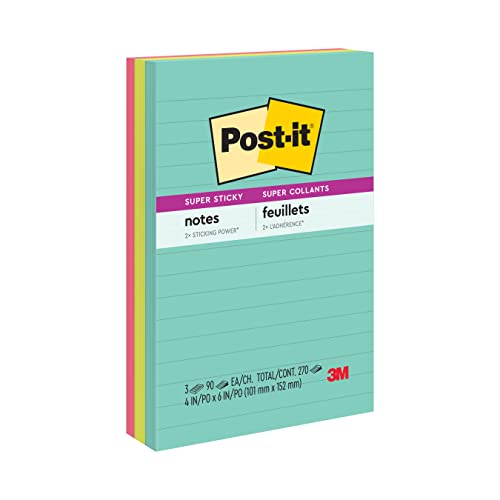 Post-it Etiquetas Adhesivas, Notas súper adhesivas, 4 x 6 pulgadas, 3 almohadillas, 2 veces el poder de adherencia, neón supernova, colores brillantes, reciclables (660-3SSMIA), (paquete de 12)