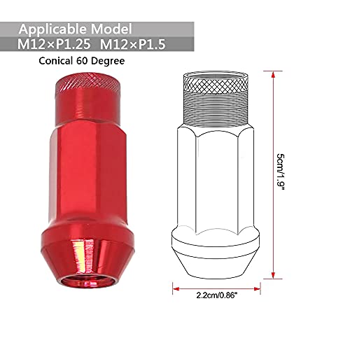 Image of Lug Nuts M12x1.25 Open End Wheel Nuts,Taper Acorn Seat, Forged Locknut Racing Nut 20 Set 2 Pieces Total 22 Pieces and 1 Nut Socket Key (Red, M12 x P1.25)