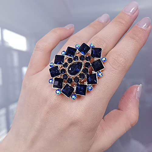 Exaggerated Blue Cz Statement Ring For Women Girls Fashion Round Princess Cut Teardrop Cubic Zirconia Cluster Expandable Adjustable Big Band Rings Comfort Fit Delicate Mother's Day Jewelry Gift Gold Tone #TOP1