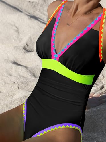 Image of popvil Women One Piece Swimsuit Colorblock Ruched Bathing Suit | Adjustable slider straps, Multi neon trim, Long torso, Detachable padding, Quick dry fabric, Beach Vacation