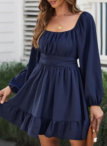Image of Dokotoo Womens Dress Long Lantern Sleeve Square Neck Tie Backless Sexy Dress Ruffle Elastic Waist A-Line Mini Dress
