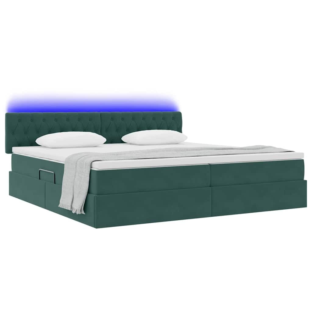 Estructura de cama con espacio de almacenamiento y LED verde oscuro, 200 x 200 cm, terciopelo, con somier y cabecero, mecanismo de elevación hidráulico, doble con tira LED RGB alimentada por