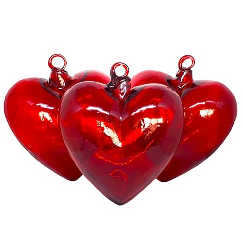 Red 8.5 inch Jumbo Hanging Glass Hearts (Set of 3), Recycled Blow...