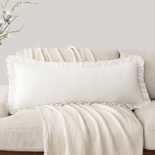 Image of Foindtower Set of 1 Decorative Linen Fringe Ruffle Throw Pillow Cover Long Lumbar Farmhouse Cushion Cover Body Boho Accent Retro Pillowcase for Couch Bed Living Room Home Decor,14x36 Inch,White