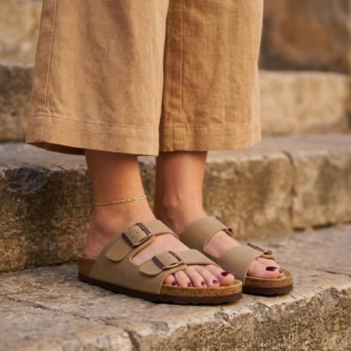 Image of CUSHIONAIRE Lane Cork Footbed Womens Sandals Comfortable Double Buckle Slip On Sandals for Women with Arch Support and Classic Two Strap Design