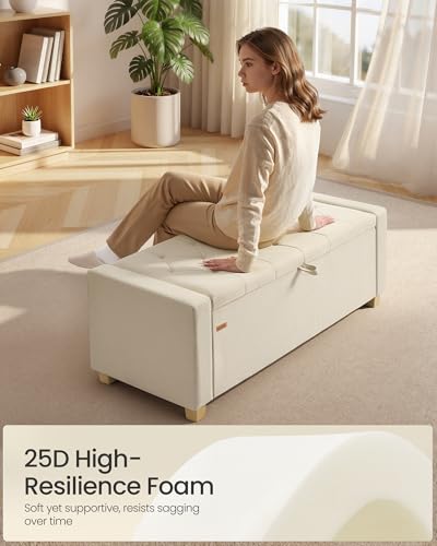 SONGMICS Storage Ottoman, Storage Chest Bench with Legs, End of Bed Bench with Safety Hinges, Pull Tab, for Living Room, Bedroom, 19.7 x 47.6 x 16.5 Inches, Linen-Look Fabric, Summer Sand ULOM511LF01 | Foot Rest with Legs, 19.7 x 47.6 x 16.5 Inches, End of Bed Bench with Safety Hinges, Summer Sand, for Room, ULOM511LF01 - Image 6