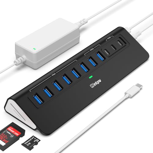 Image of Powered USB Hub 10Gbps, Intpw YH9AC Plus 13-Port USB 3.2 Hub(USB A /USB C 3.2+6 USB-A 3.0+2 PD 45W Fast Charging Ports+SD /TF Card Reader), 65W Power Adapter,Aluminum USB HUB for PC,Laptop,iPhone 17 /16