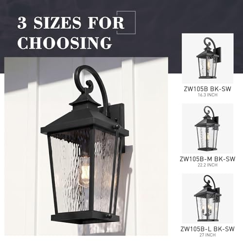 Image of zeyu 22 Inch Outdoor Wall Lamp, 1-Light Large Outdoor Wall Lighting for House Porch, Die-Cast Aluminum in Black Finish, Water Ripple Glass, ZW105B-M BK-SW