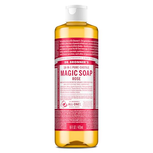 Image of Dr. Bronner's - Pure-Castile Liquid Soap (Rose, 16 Ounce) - Made with Organic Oils, 18-in-1 Uses: Face, Body, Hair, Laundry, Pets and Dishes, Concentrated, Vegan, Non-GMO
