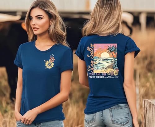 Women's Christian Bible Verse Graphic T Shirts Vintage Jesus Faith Pray Cross Print Tees Crewneck 2 Sided Tops (Large, Blue-4)