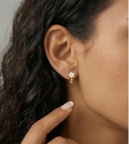 Image of Reffeer Solid 925 Sterling Silver Flower Hoop Earrings Huggie for Women Teen Girls Daisy Hoop Earrings Cartilage Helix Earrings