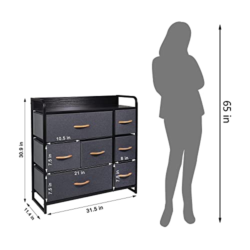 CERBIOR Drawer Dresser Storage Organizer 7-Drawer Closet Shelves, Sturdy Steel Frame Wood Top with Easy Pull Fabric Bins for Clothing, Blankets (Dark Grey) - Thumbnail 2