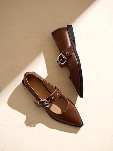 Coutgo Womens Mary Jane Flats Closed Pointed Toe Ballet Flat Studded Metal Adjustable Buckle Dress Shoes2