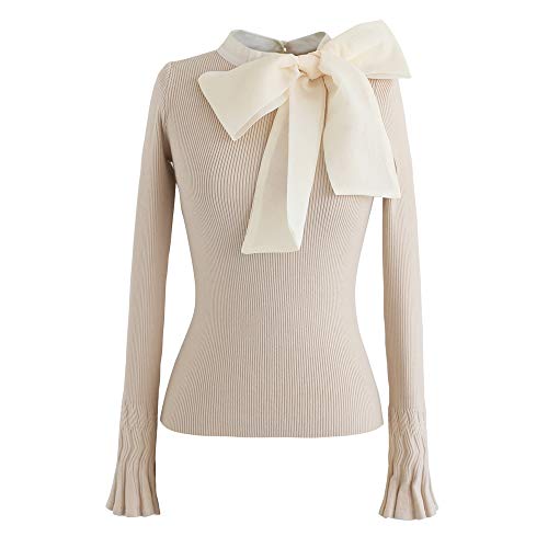 Haut en tricot femme manches longues col montant nœud papillon