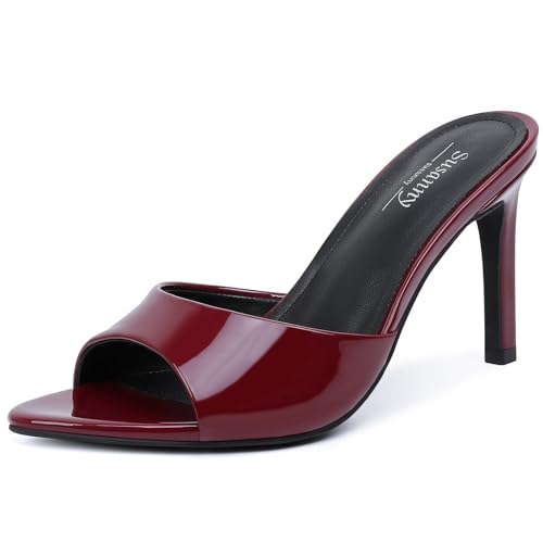 Susanny Mule Burgundy Heels for Women Pointed Open Toe Sexy Slip on High Heeled Sandals Stiletto Dress Comfortable Backless Mules Shoes Wedding Bridal Parties Vacation Casual Office Work Shoes 6.5 by Susanny - Used condition - US$30.05