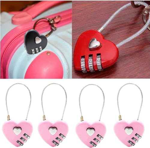 Image of Pink Combination Lock, 3 Digit Heart Shaped Wire Rope Padlock for School Gym Locker, Sports Locker, Fence, Toolbox, Case, Hasp Storage Combination Padlocks