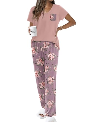 Image of Ekouaer Pajama Sets for Women 2 Piece Short Sleeve Pj V Neck Chest Pocket | Ladies Pajama Sets with Printed Long Pants, Soft Matching Pj Sleepwear, Casual Loose Fall Loungewear, S-XXL