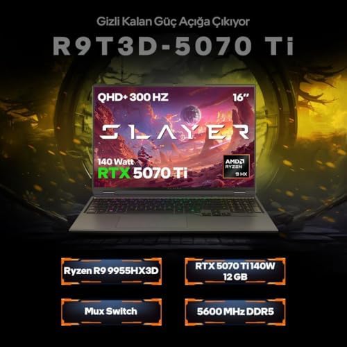 Game Garaj Slayer R9T3D-5070Ti C3 AMD Ryzen 9 9955HX3D 32GB RAM 2TB SSD RTX5070Ti 16" QHD IPS 300Hz FreeDOS Gaming Laptop - Görsel 3