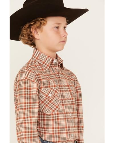 Panhandle Boys' Rough Stock by Plaid Print Long Sleeve Pearl Snap Stretch - RSBSOSRYTJ Medium US Rust Copper2