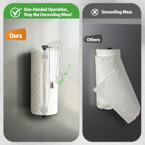 Image of KIHOGEM Magnetic Paper Towel Holder for Fridge Stainless Steel | Paper Towel Holder Magnetic with Gravity-Weighted Arm, Kitchen Paper Towel Holder with 2 Metal Plates for Wall, Cabinet, RV