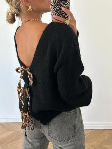 Image of Women's Leopard Tie Front Knitted Cardigan Y2K Long Sleeve V Neck Knit Sweater Top