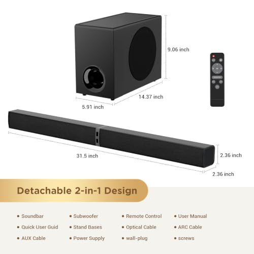 Maraawa Sound Bar with Subwoofer,120W Sound Bar Bluetooth 5.3 Soundbar Surround Sound System, Detachable Home Theater Speaker with ARC/Optical/AUX Connection, Remote Control for TV/PC/Projector - image 6