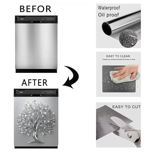 Image of BVBOX Dishwasher Magnet Cover 23 inchx26 inch, Reusable Magnetic Refrigerator Covers, Decorative Magnets Cover Fridge Door Skin Panel Stickers for Home Kitchen Appliance (Silver Tree of Life, 23 inchx26 inch)