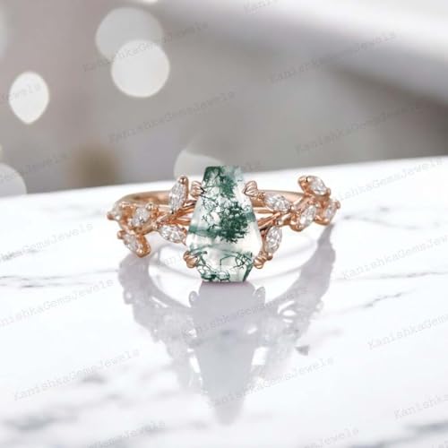 Coffin Cut Multi Gemstone Engagement Ring 14k Rose Gold Twig Leaf Diamond Ring Art Deco Bridal Jewelry Unique Wedding Gift for Wife Family Birthstone Ring2