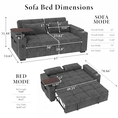 Image of Dreamzie 65'' Convertible Sleeper Sofa Bed with 90 Swivel Side Table, Chenille Pull Out Couch for Living Room, Loveseat Sleeper Couch with Hidden Storage Space | Charging Port | Cup Holders, Grey