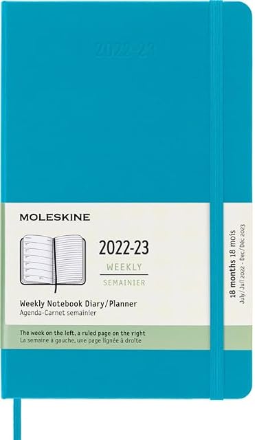 Moleskine - Weekly Planner 18 Months 2022-2023, Weekly Planner With Hard Cover And Elastic Closure, Size Large,13 x 21 cm, Color Blue