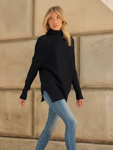 Lillusory Oversized Sweaters Women Long Turtleneck Turtle Neck Tunic 2024 Trendy Mock Pullover Batwing Sweater Tops Wear Leggings Black thumb #2