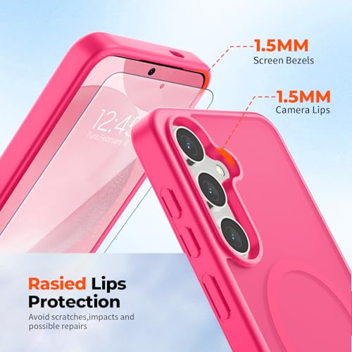 Image of SUPFINE Magnetic for Samsung Galaxy S24 Case / S25 Case with Screen Protector, (Built-in Magnets) (Military Grade Drop Protection) Slim Translucent Shockproof Phone Case,Hot Pink
