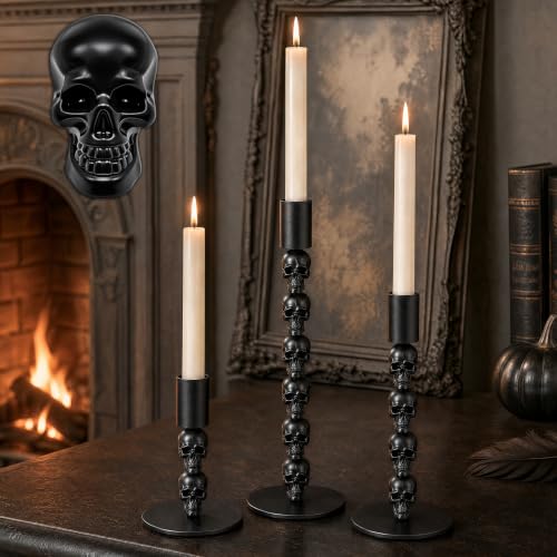 Apsvwys Skull Candle Holder, Gothic Taper Candlestick for Halloween, 3 Pack