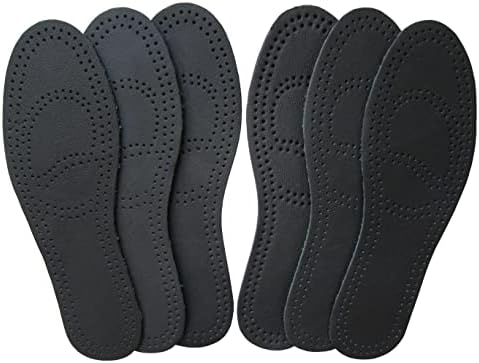 Bellcon Black Leather Insoles for Women Thin Nonslip Shoe Pads Leather Shoes Inserts Comfortable Cushion Pads with Activated Carbon Insoles for Odor Eater (3 Pairs/Womens US 6-6.5)