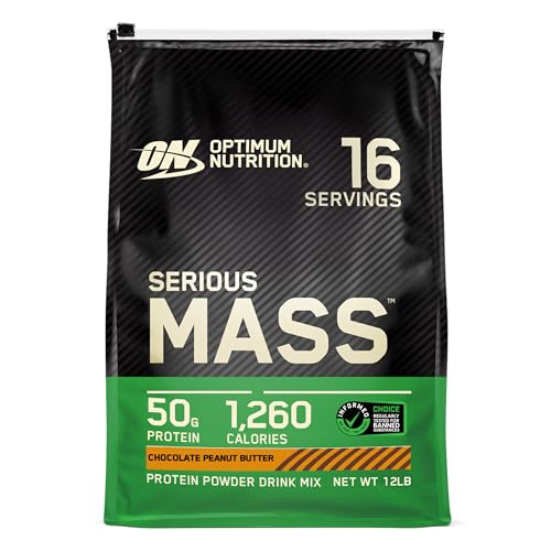 Optimum Nutrition Serious Mass, Weight Gainer Protein Powder, Mass Gainer, Vitamin C and Zinc for Immune Support, Creatine, Chocolate Peanut Butter, 12 Pound (Packaging May Vary)