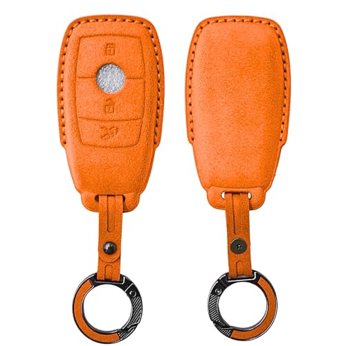 Image of KMH Alcantara Car Key Cover Compatible with Mєrcєdєs W205, E320L, C200, C180, C260, C300 Series Model 3 Buttons Shell Case Holder Full Key Protector Smart Keycover with Keychain, Orange - Pack of 2