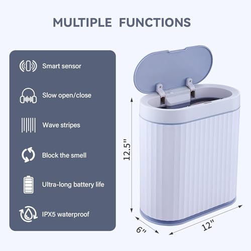 Image of jinligogo ELPHECO Touchless Bathroom Trash Can with Lid, 2.5 Gallon / 10 Liter Slim Motion Sensor Garbage Bin, Waterproof Automatic Small Trash Can for Bathroom, Bedroom, Kitchen, Office (White)