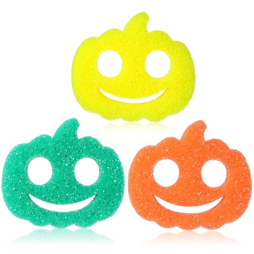 Image of FillTouch 3 Pcs Dual Sided Scrub Sponge Multi Functional Cute Temperature Sensitive Non Scratch Dish Sponge for Washing Dishes Kitchen Bathroom (Thanksgiving Pumpkin,Orange, Yellow, Green)