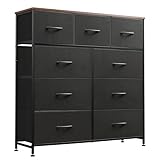WLIVE 9 Drawer Dresser, Fabric Storage Tower for Bedroom, Hallway, Closet, Tall Chest Organizer Unit for Bedroom with Fabric Bins, Steel Frame, Wood Top, Easy Pull Handle, Black and Rustic Brown