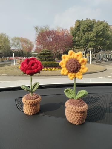 Bi-Sonic Lee Acessórios de carro rosa vermelha crochê decoração de painel, perfeito para decoração d