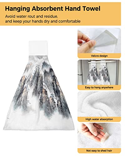 Chinese Painting Print Kitchen Hand Towel,Soft Hanging Dish Towels With Loop For Bathroom,Asian Mountain Range Landscape Nature Trees Sketchy Illustration,Drying Dishclothes Decorative Sets,2-Pc #TOP1